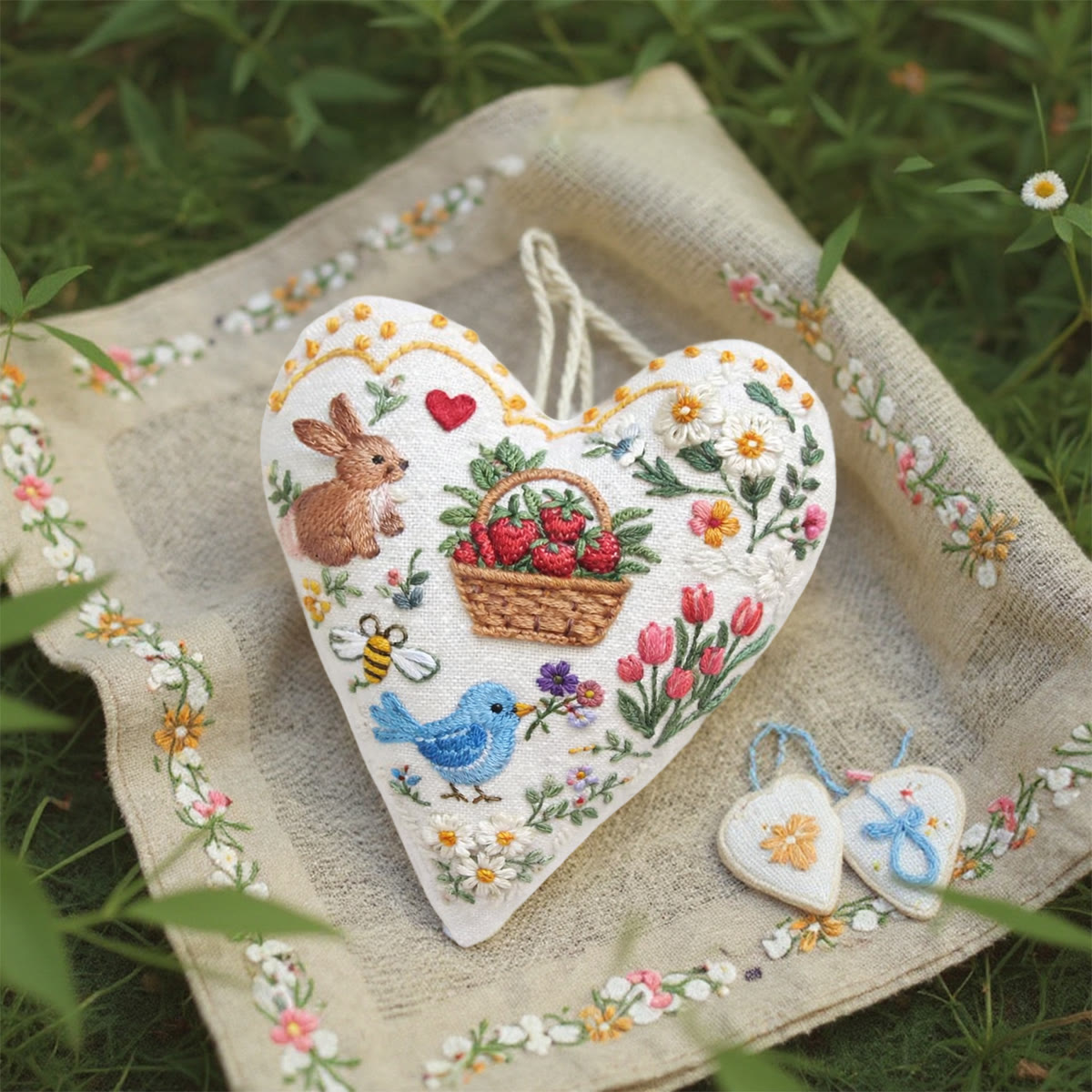 Rubbyoo Heart Embroidery Kit - Bunny Strawberry Basket Bird | Newbie-friendly Diy Project | Elegant Embroidered Hanging Ornament - image 2