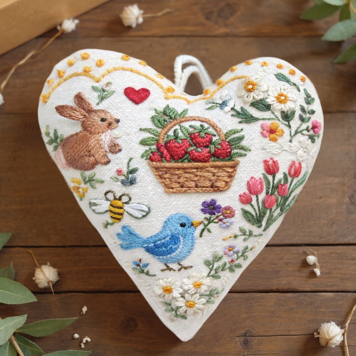 Rubbyoo Heart Embroidery Kit - Bunny Strawberry Basket Bird | Newbie-friendly Diy Project | Elegant Embroidered Hanging Ornament - 6 inches hoop kit - image 1