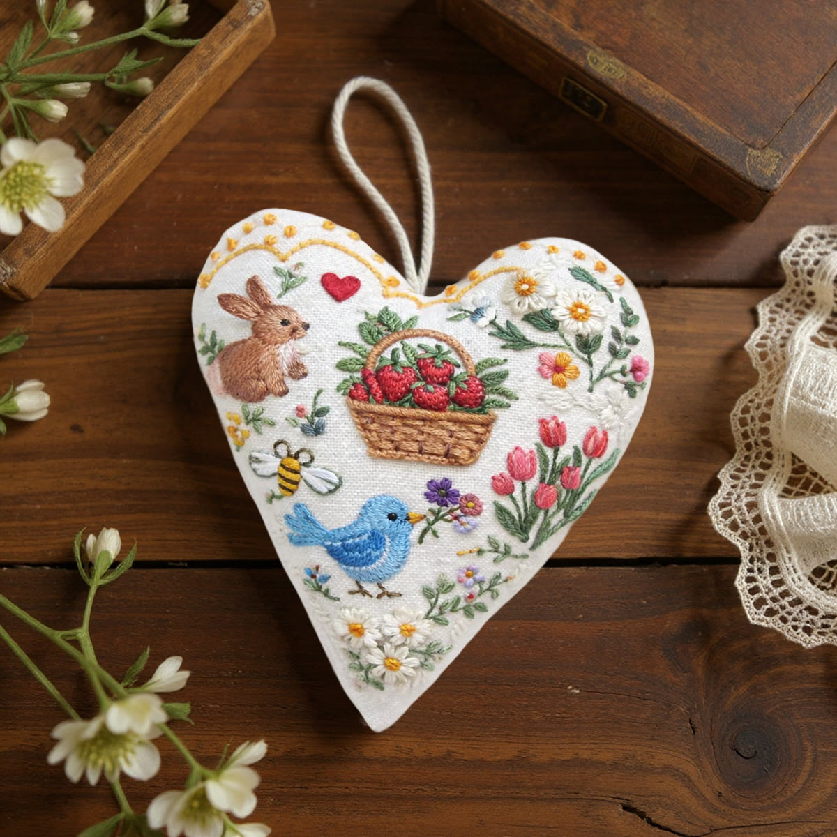 Rubbyoo Heart Embroidery Kit - Bunny Strawberry Basket Bird | Newbie-friendly Diy Project | Elegant Embroidered Hanging Ornament - image 8
