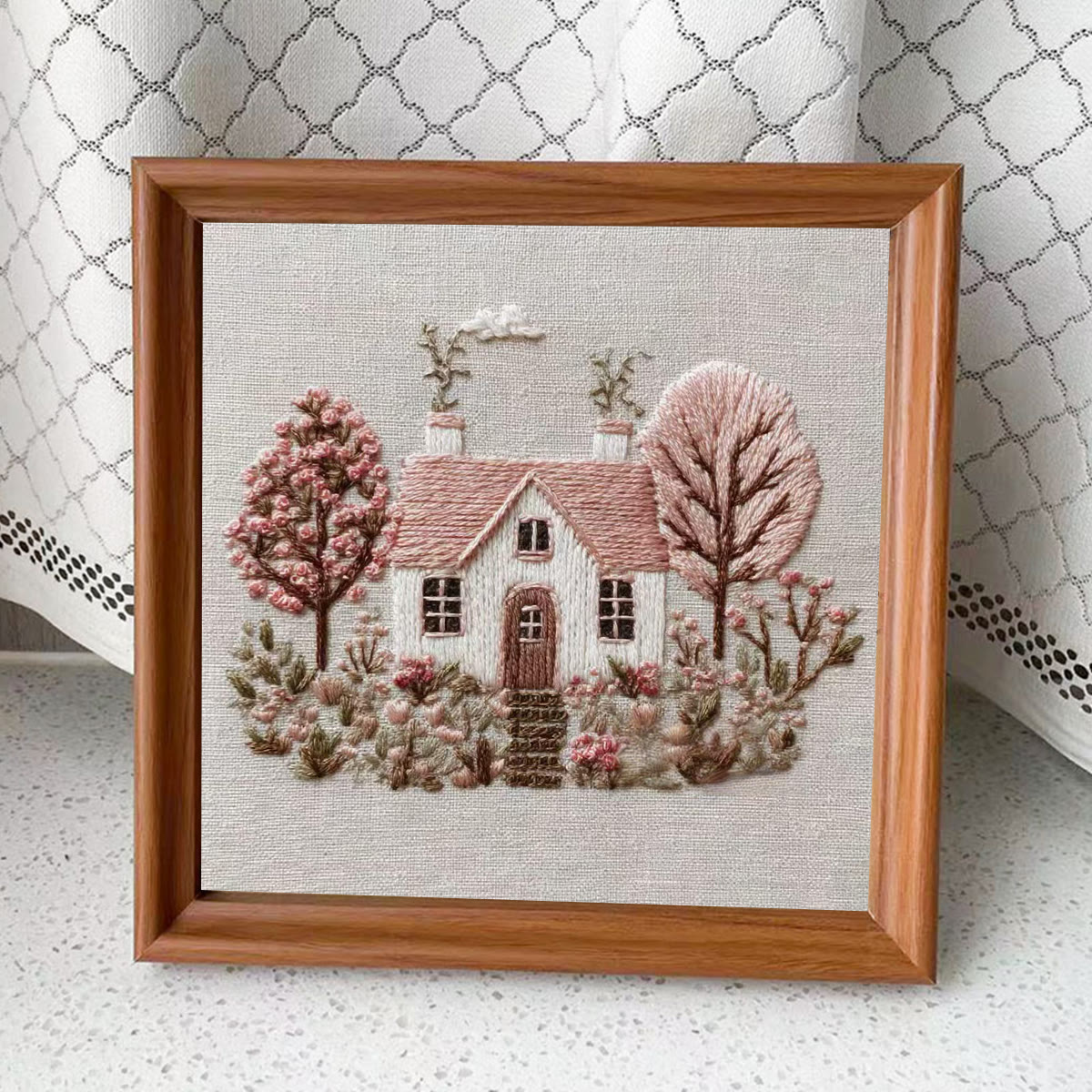 Rubbyoo Embroidery Kit - Pastel Cottage Scene | Cozy Wall Ornament | Newbie-suitable Handmade - Embroidery Kit Plus An Extra Frame - image 4