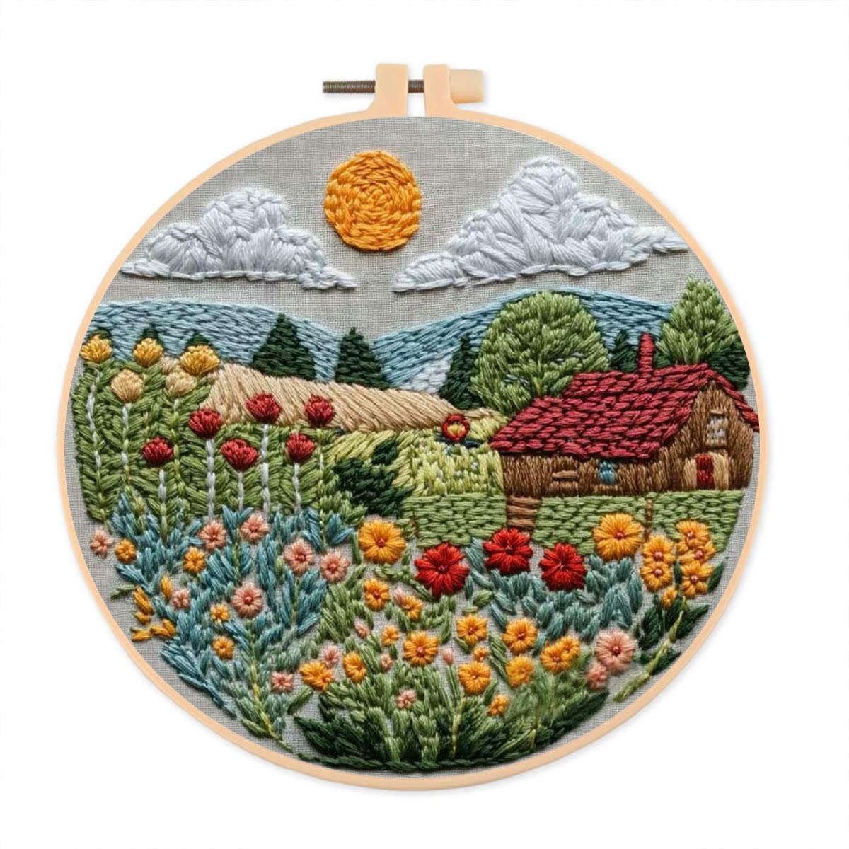 Rubbyoo Embroidery Kit - Sunlit Flower Field Cottage | Vibrant Indoor Wall Accent | Top Gifting Option - 20*20cm - image 1
