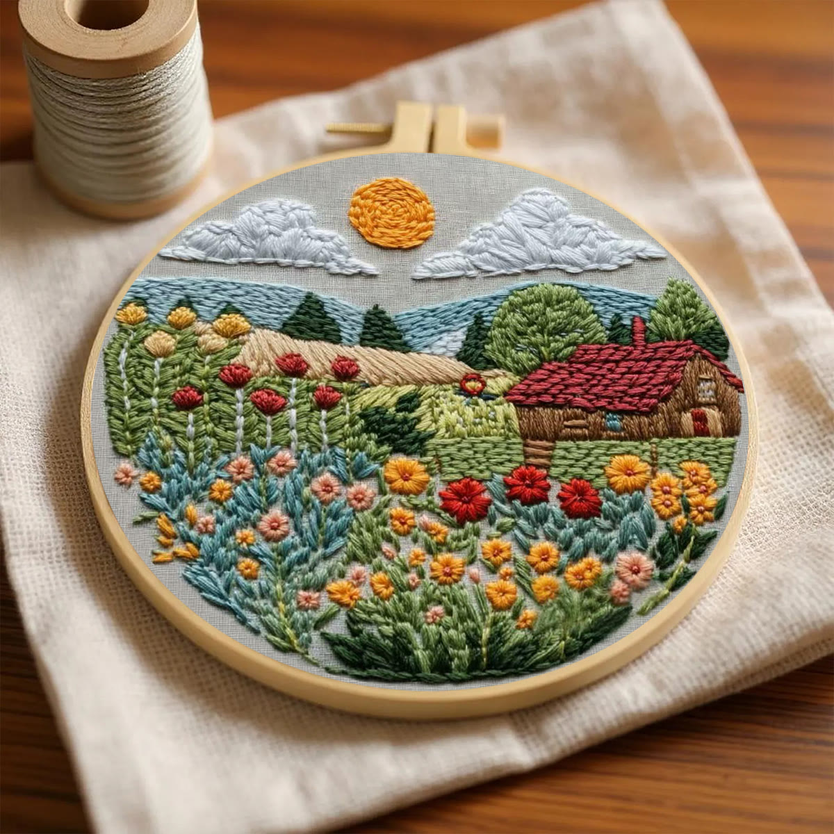 Rubbyoo Embroidery Kit - Sunlit Flower Field Cottage | Vibrant Indoor Wall Accent | Top Gifting Option - image 3