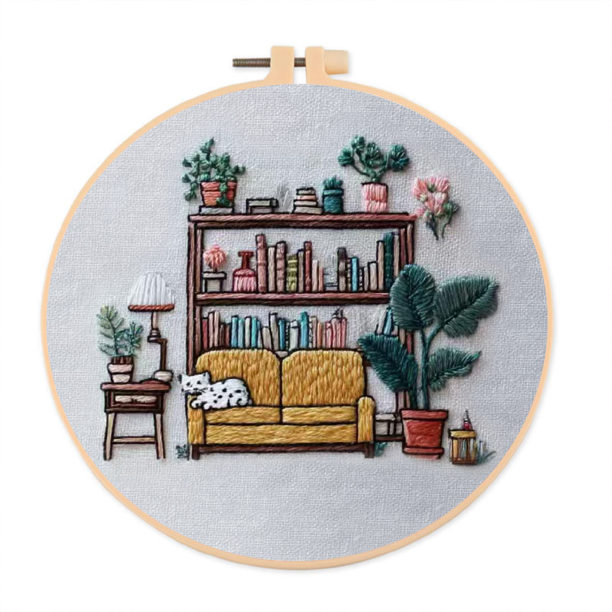Rubbyoo Embroidery Kit - Cozy Indoor Nook With Cat | Snug Living Space Hanging | Entry-level Project - 20*20cm - image 1