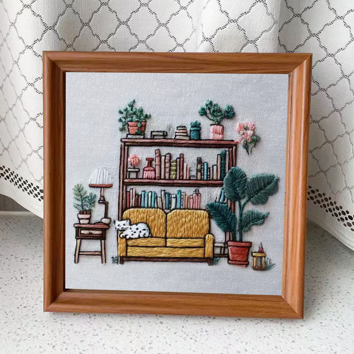 Rubbyoo Embroidery Kit - Cozy Indoor Nook With Cat | Snug Living Space Hanging | Entry-level Project - Embroidery Kit Plus An Extra Frame - image 4