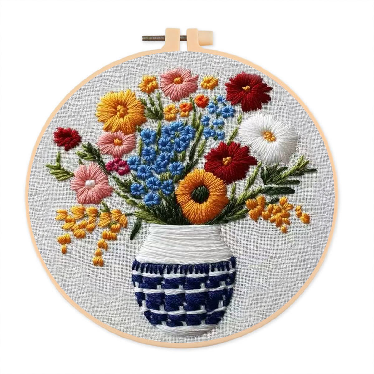 Rubbyoo Embroidery Kit - Checkered Vase Floral Bouquet | Home Hanging Ornament | Novice Decro - 20*20cm - image 1