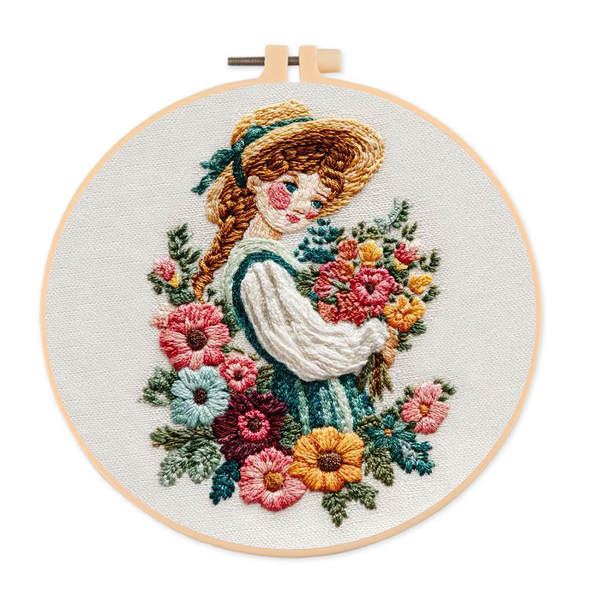 Rubbyoo Embroidery Kit - Straw Hat Girl With Bouquet | Cozy Home Decor Accent | Beginner-Suitable Craft - 20*20cm - image 1
