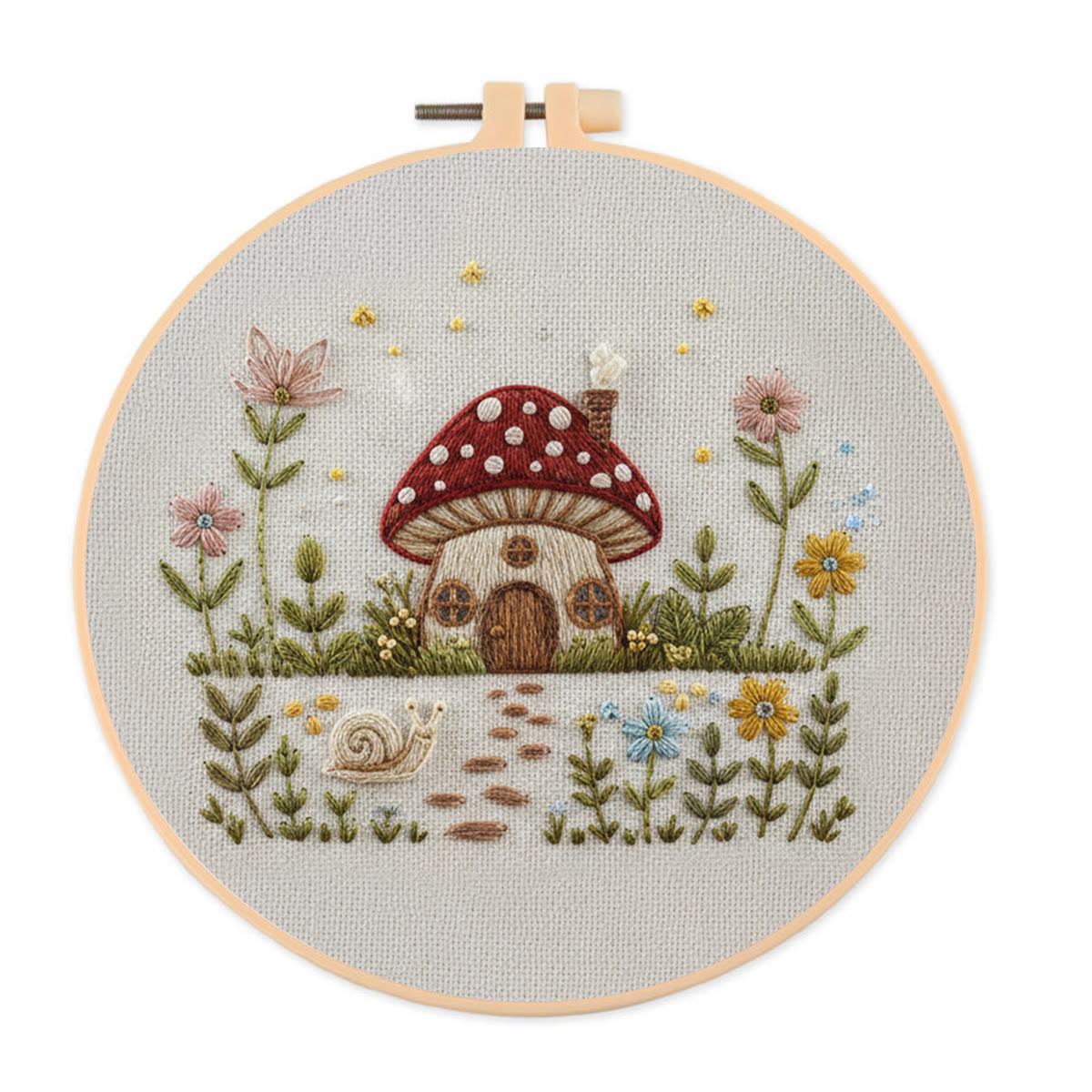 Rubbyoo Embroidery Kit - Mushroom Cottage Scene | Gift For Her Decor Piece | Beginner Embroidery Handcraft - 20*20cm - image 1