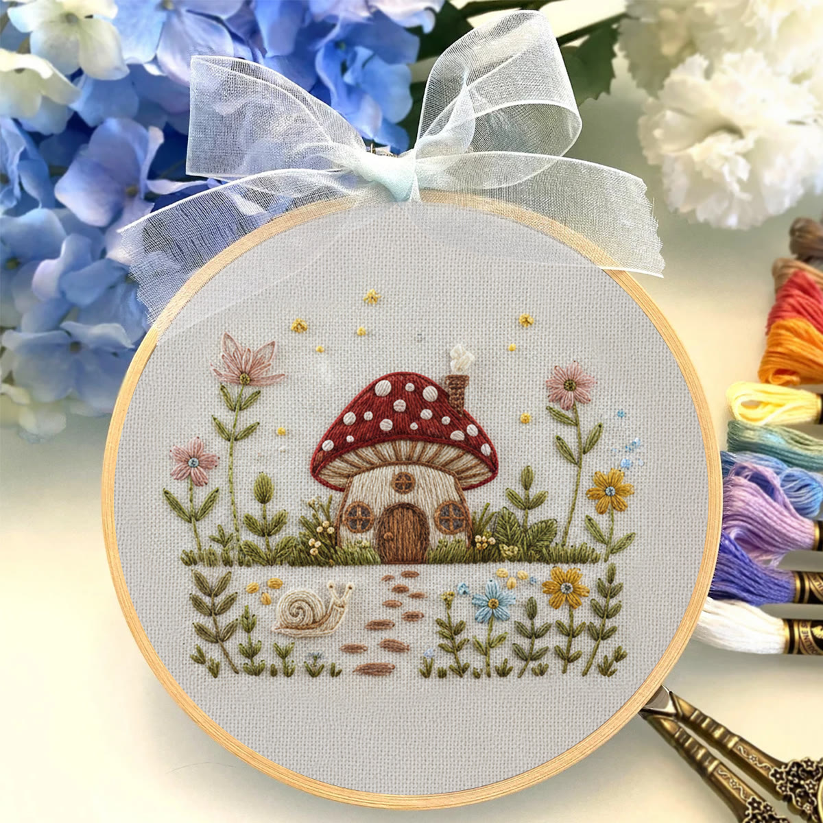 Rubbyoo Embroidery Kit - Mushroom Cottage Scene | Gift For Her Decor Piece | Beginner Embroidery Handcraft - image 3