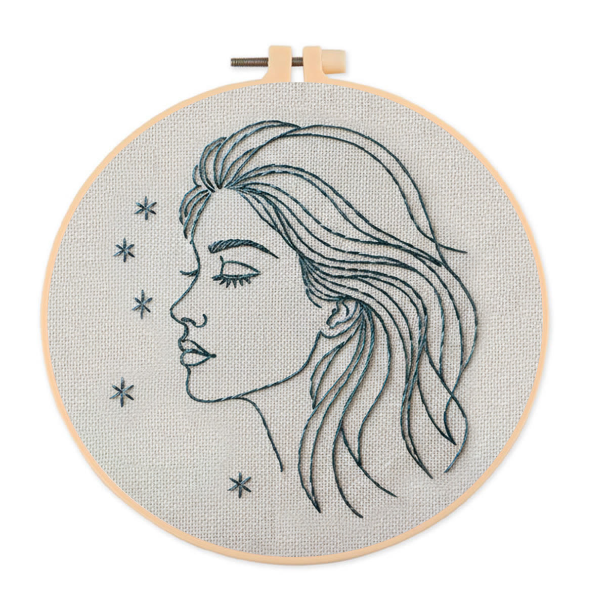 Rubbyoo Embroidery Kit - Line-art Female Profile With Stars | Chic Personal Decor Piece | Entry-level Stitch Craft - 20*20cm - image 1