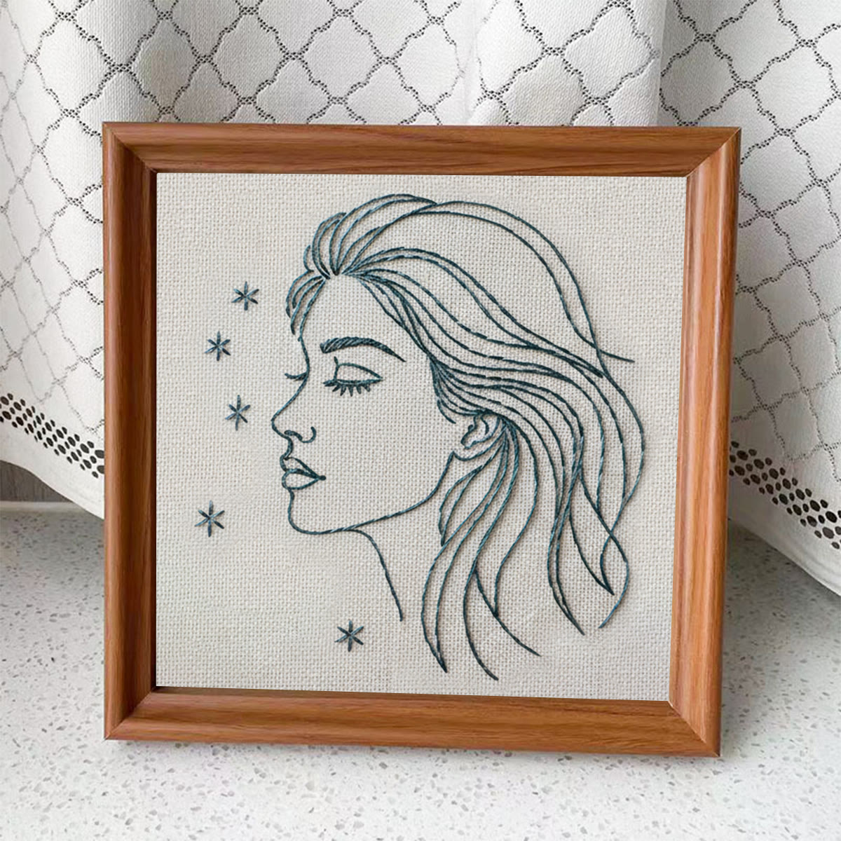 Rubbyoo Embroidery Kit - Line-art Female Profile With Stars | Chic Personal Decor Piece | Entry-level Stitch Craft - Embroidery Kit Plus An Extra Frame - image 4