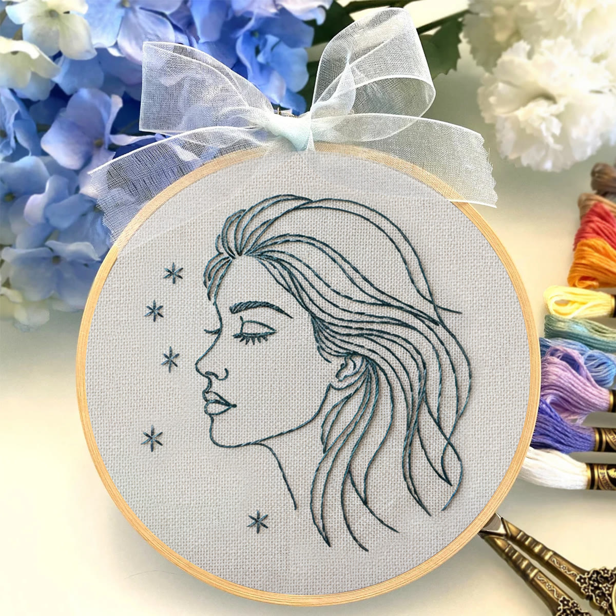 Rubbyoo Embroidery Kit - Line-art Female Profile With Stars | Chic Personal Decor Piece | Entry-level Stitch Craft - image 2