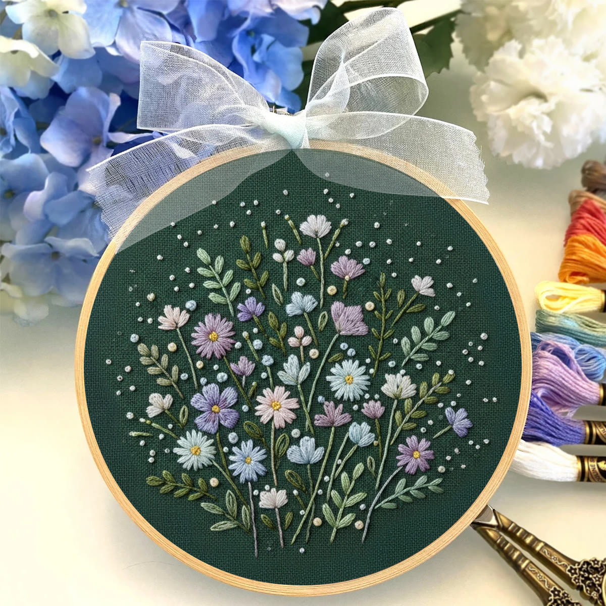 Rubbyoo Embroidery Kit - Dark-Background Soft Floral Cluster | Fresh Home Decor Hanger | Newbie-Friendly Hand Stitch - image 2