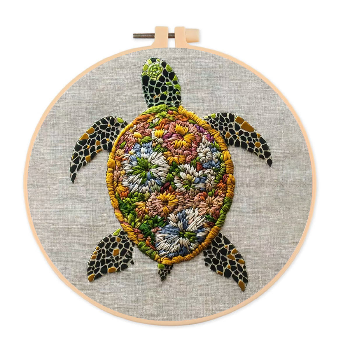 Rubbyoo Embroidery Kit - Flower-Adorned Sea Turtle | Vivid Home Display Piece | Novice-Ready Stitch Project - 20*20cm - image 1