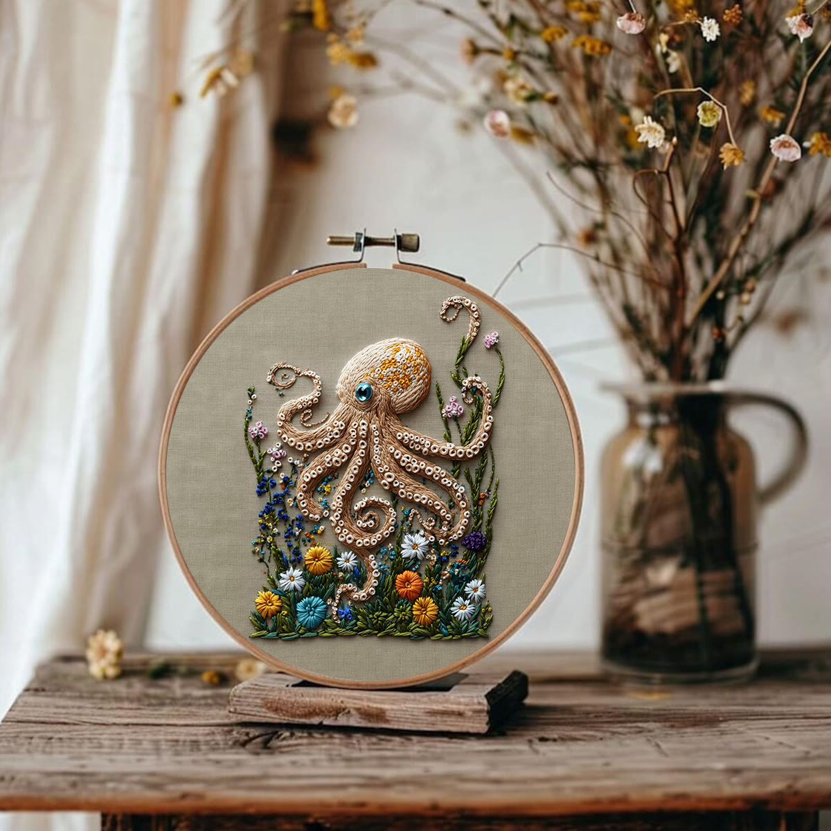 Rubbyoo Embroidery Kit - Textured Octopus With Floral Foliage | Charming Home Accent | Beginner-Approachable Embroidery - image 2