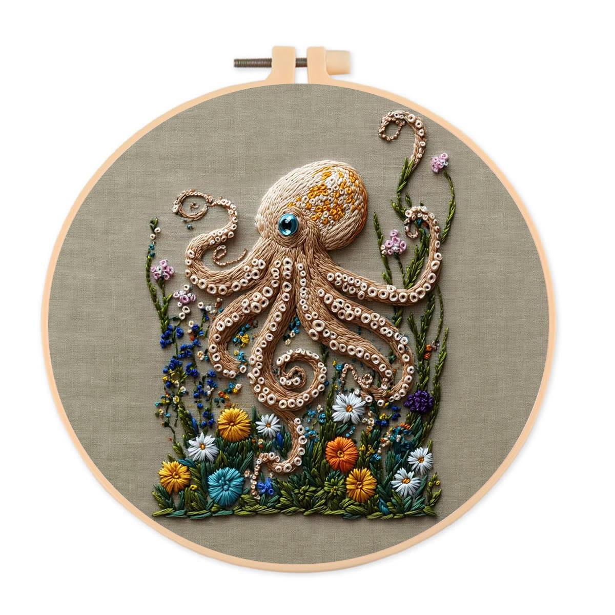 Rubbyoo Embroidery Kit - Textured Octopus With Floral Foliage | Charming Home Accent | Beginner-Approachable Embroidery - 20*20cm - image 1