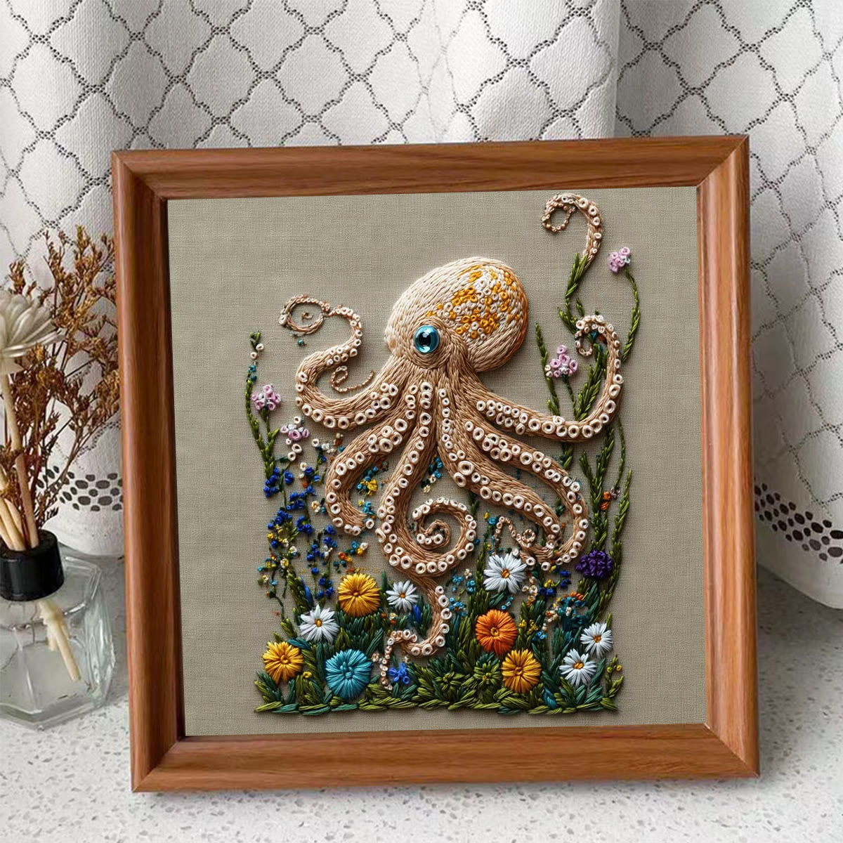 Rubbyoo Embroidery Kit - Textured Octopus With Floral Foliage | Charming Home Accent | Beginner-Approachable Embroidery - Embroidery Kit Plus An Extra Frame - image 4