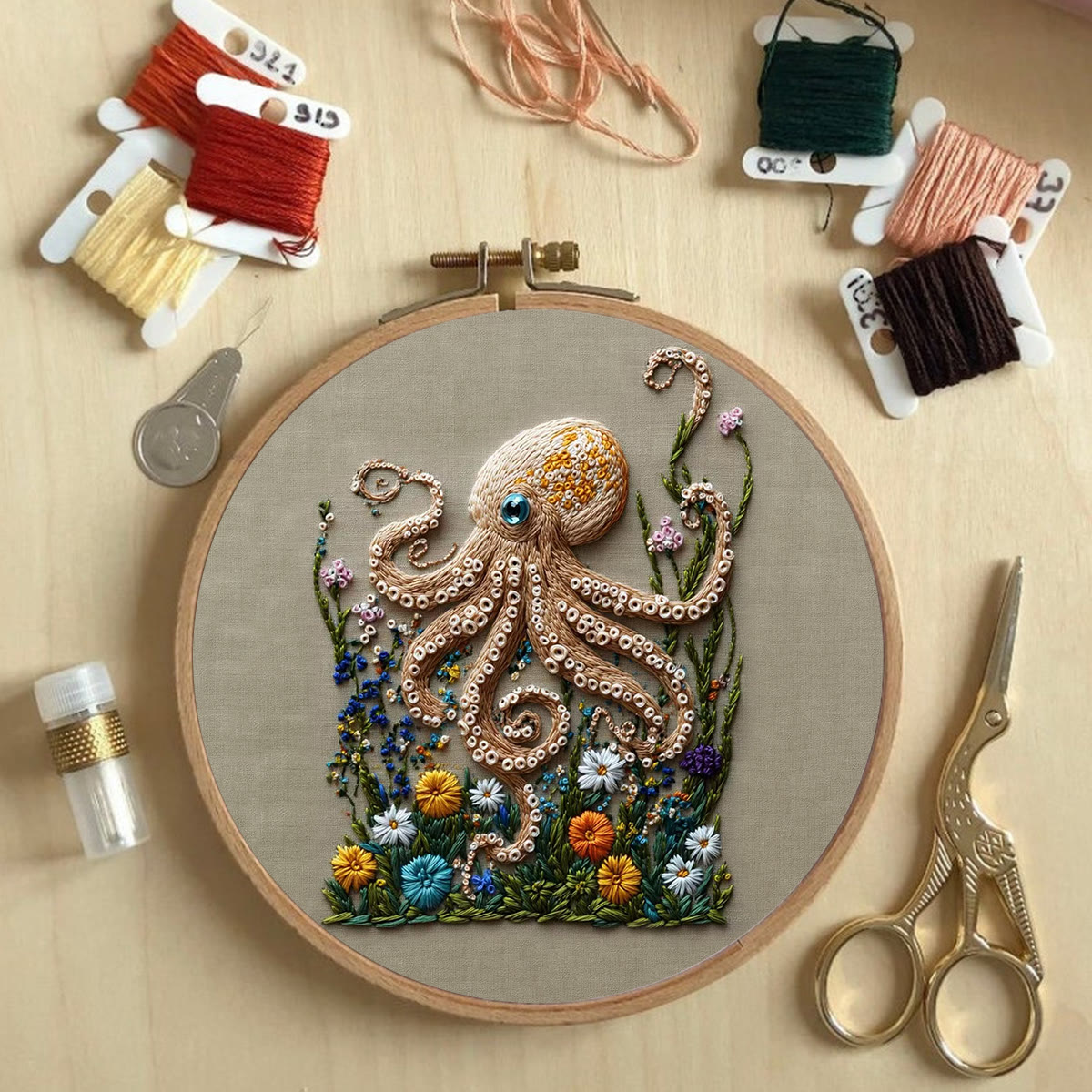 Rubbyoo Embroidery Kit - Textured Octopus With Floral Foliage | Charming Home Accent | Beginner-Approachable Embroidery - image 3