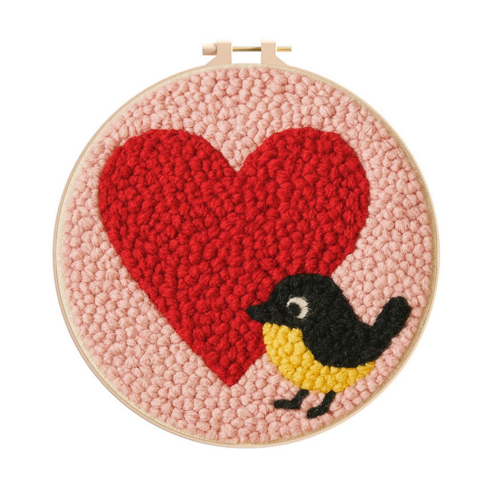 Vibrant Plush Heart Bird Punch Needle Kit – Newbie-friendly Craft | Top Gifting Pick - 8 inch Hoop Kit - image 1