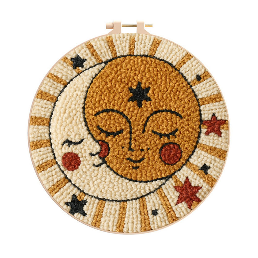 Whimsical Sun Moon Face Punch Needle Kit – Beginner-friendly Handcraft | Creative Decor Hanger - 8 inch Hoop Kit - image 1