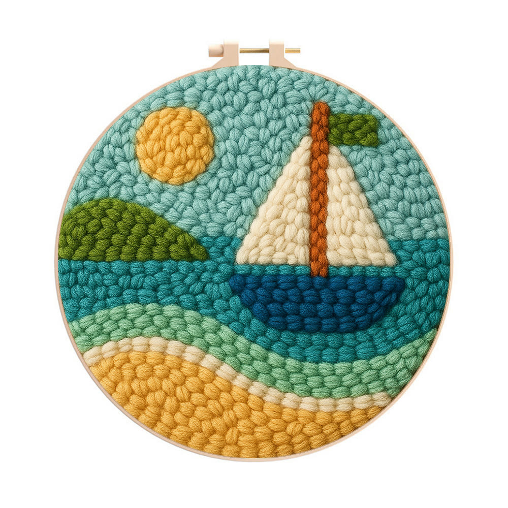 Coastal Sailboat Scene Punch Needle Kit – Novice-ready Handcraft | Charming Decor Accent - 8 inch Hoop Kit - image 1