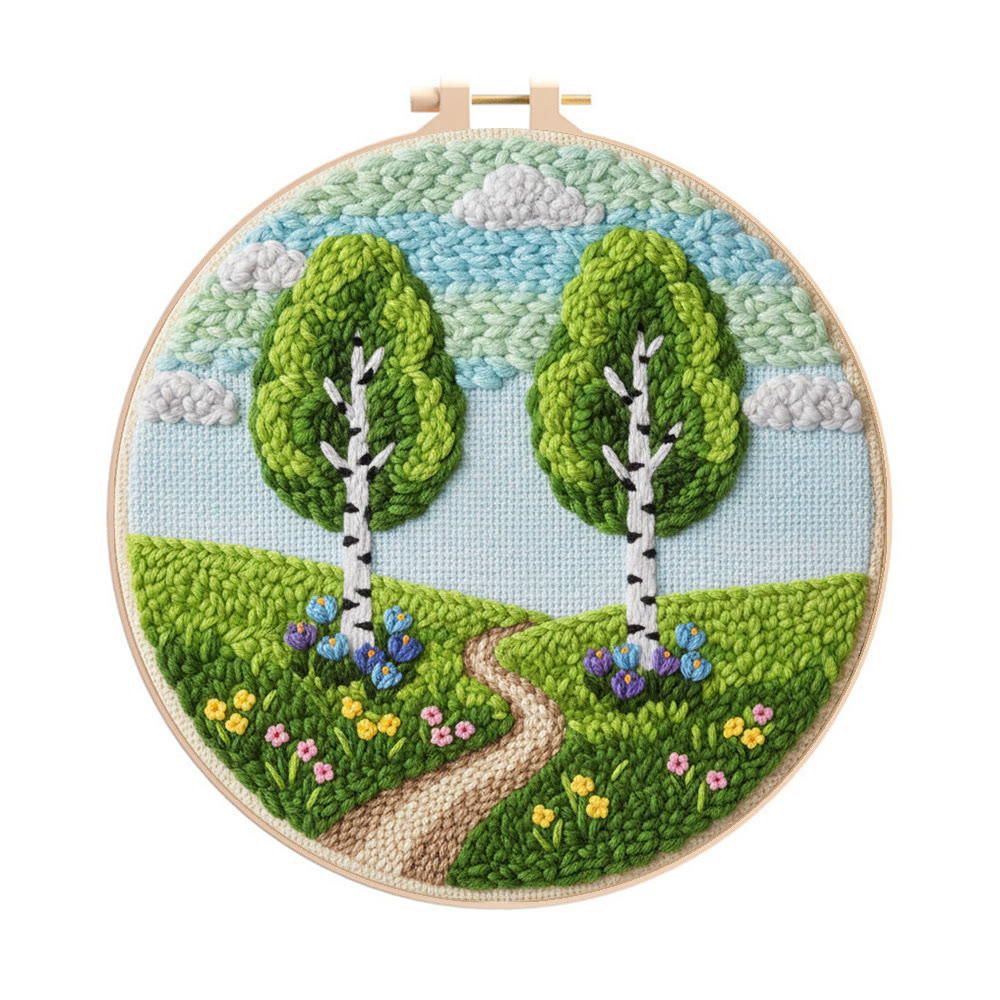 Spring Woodland Path Punch Needle Kit – Entry-level Diy Craft | Indoor Scenic Wall Hanging - 8 inch Hoop Kit - image 1