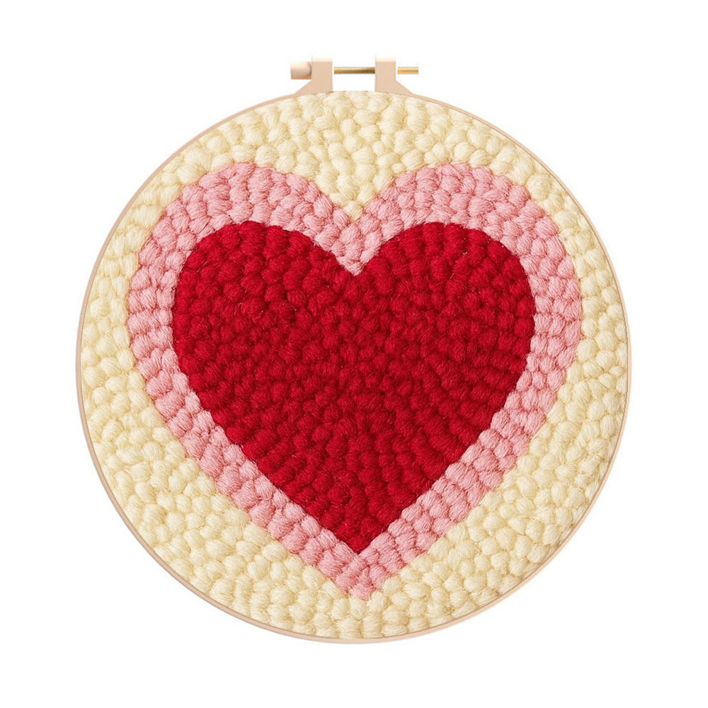 Soft Flocked Double-ring Heart Punch Needle Kit – Novice-easy Handcraft | Daily Home Decor Accent - 8 inch Hoop Kit - image 1