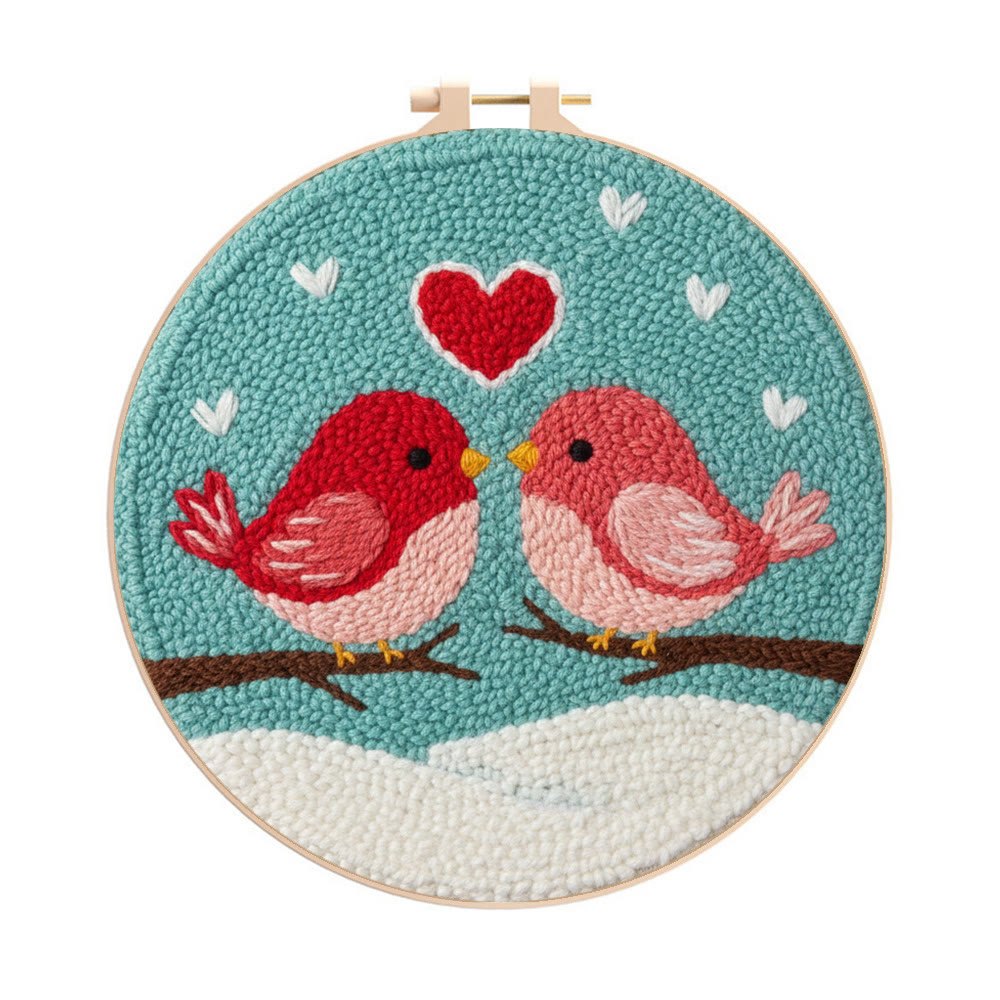 Loving Bird Pair Snowy Backdrop Punch Needle Kit – Beginner-simple DIY Creation | Home Decor Ornament - 8 inch Hoop Kit - image 1
