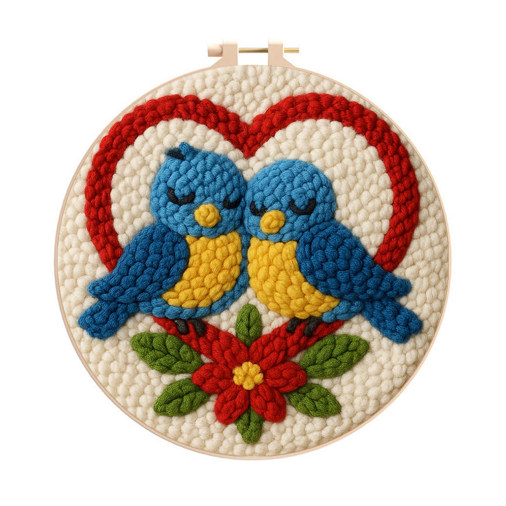 Cuddled Blue Bird Heart Frame Punch Needle Kit – Easy-to-start DIY Venture | Couple Gifting Top Choice - 8 inch Hoop Kit - image 1