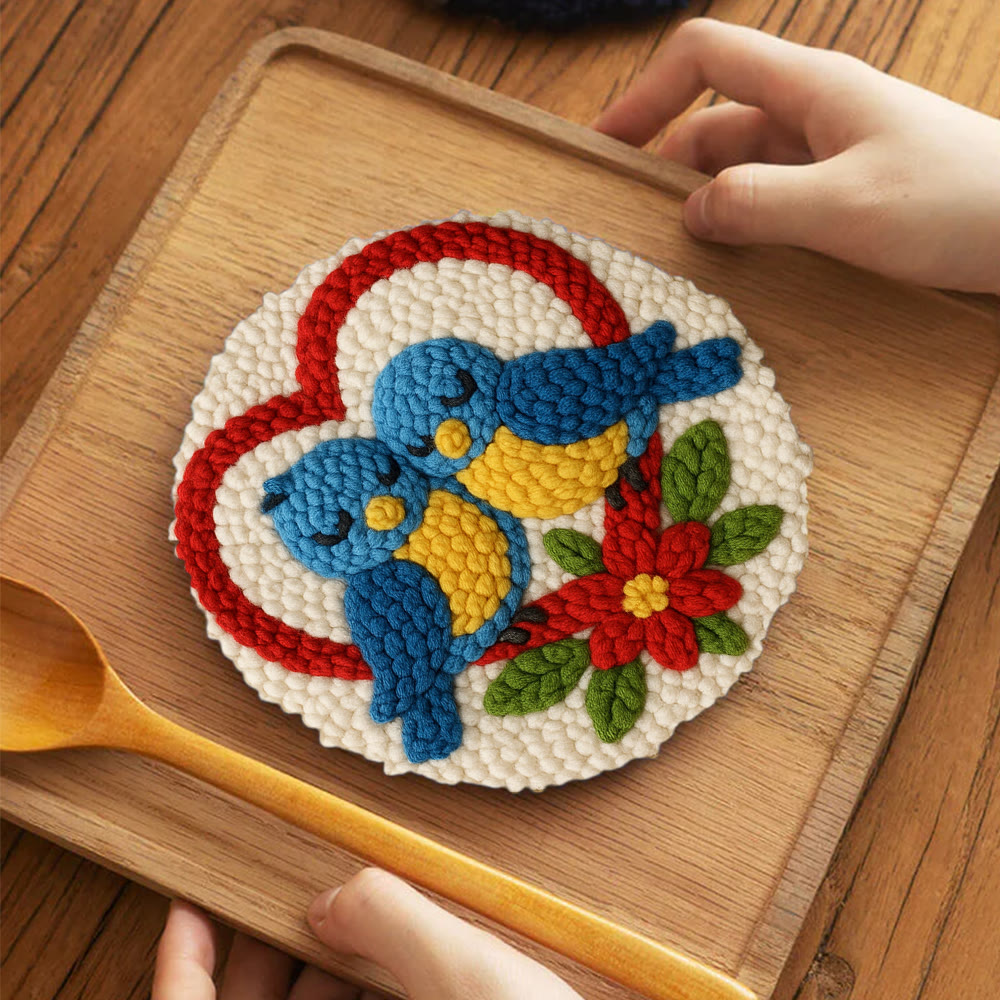Cuddled Blue Bird Heart Frame Punch Needle Kit – Easy-to-start DIY Venture | Couple Gifting Top Choice - 5 inch Coaster Kit - image 4