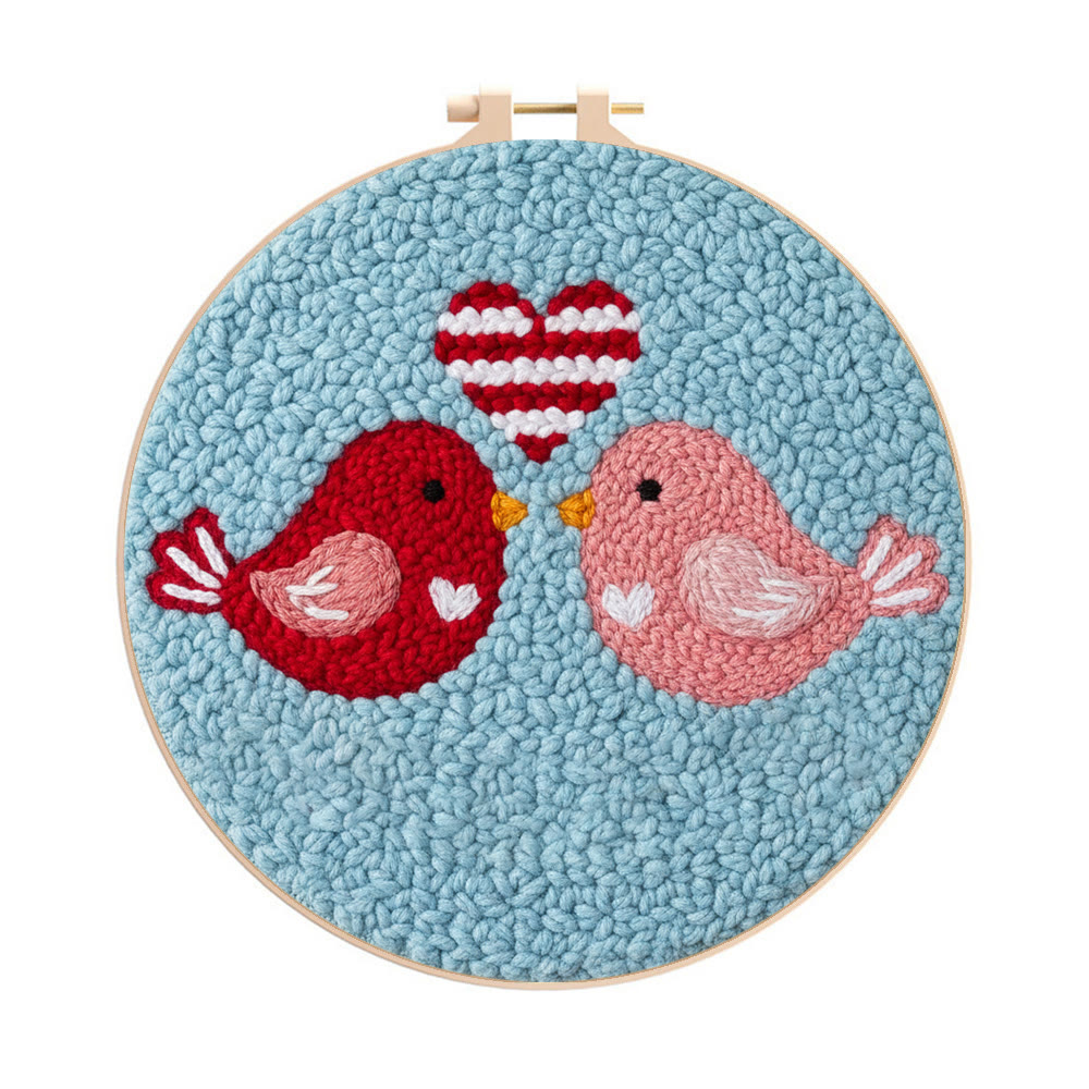 Stripe Heart Red Pink Bird Punch Needle Kit – Novice-accessible Diy Endeavor | Romantic Decor Essential - 8 inch Hoop Kit - image 1