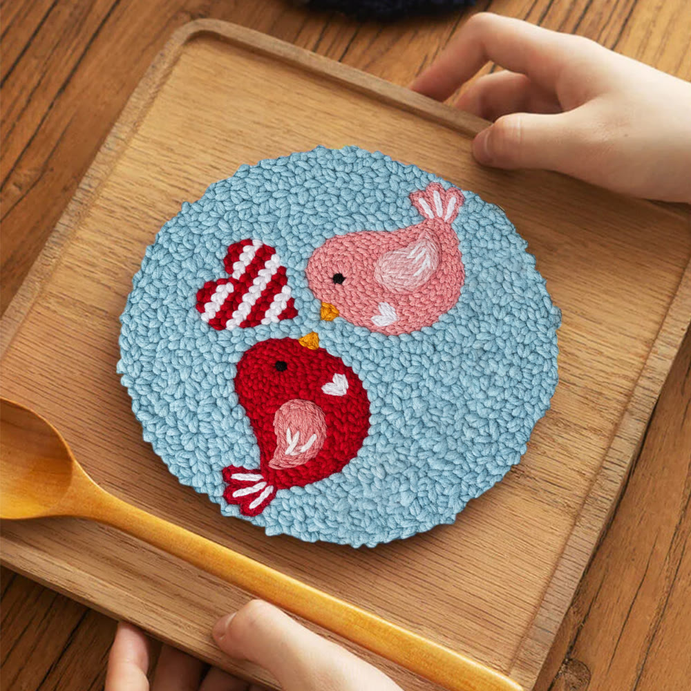 Stripe Heart Red Pink Bird Punch Needle Kit – Novice-accessible Diy Endeavor | Romantic Decor Essential - 5 inch Coaster Kit - image 4