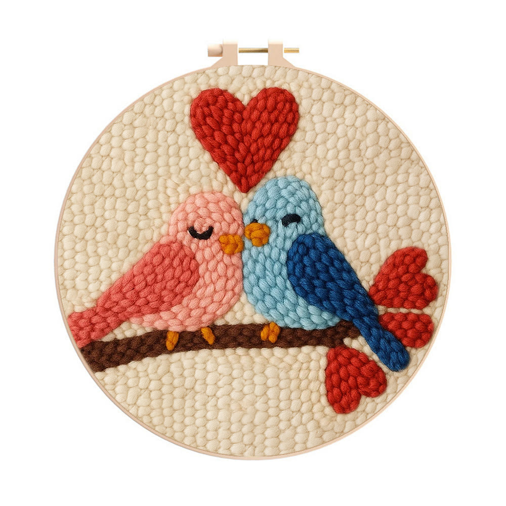 Blush Blue Cuddling Bird Heart Punch Needle Kit – Beginner-easy Diy Undertaking | Sweet Gifting Standout - 8 inch Hoop Kit - image 1