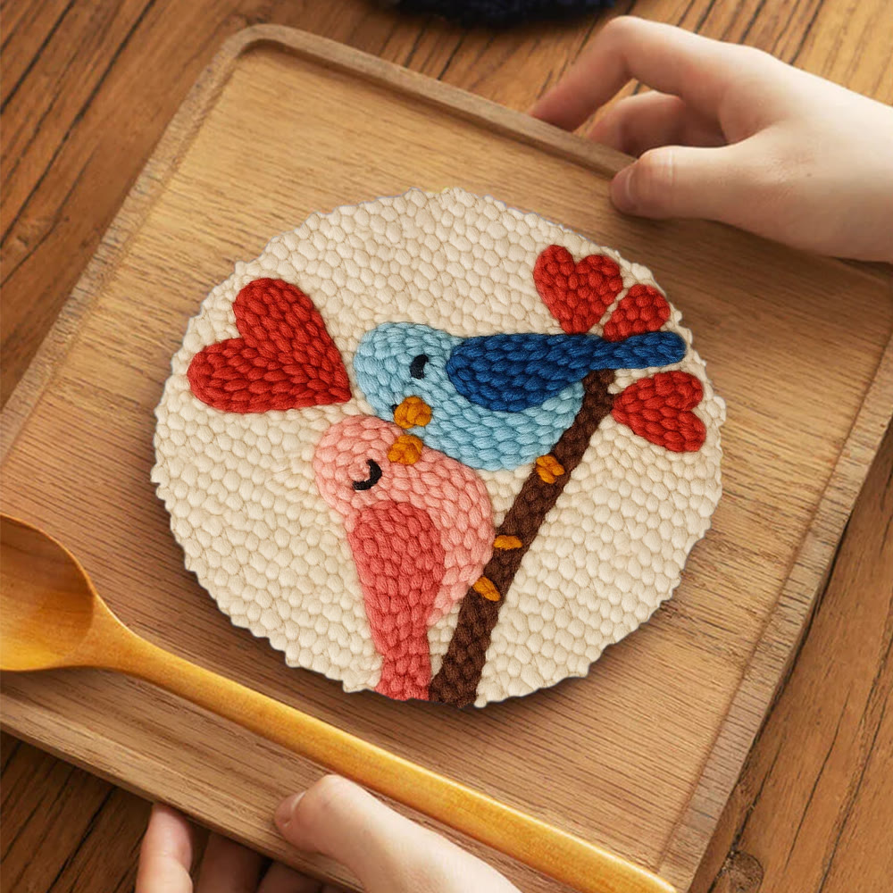 Blush Blue Cuddling Bird Heart Punch Needle Kit – Beginner-easy Diy Undertaking | Sweet Gifting Standout - 5 inch Coaster Kit - image 4