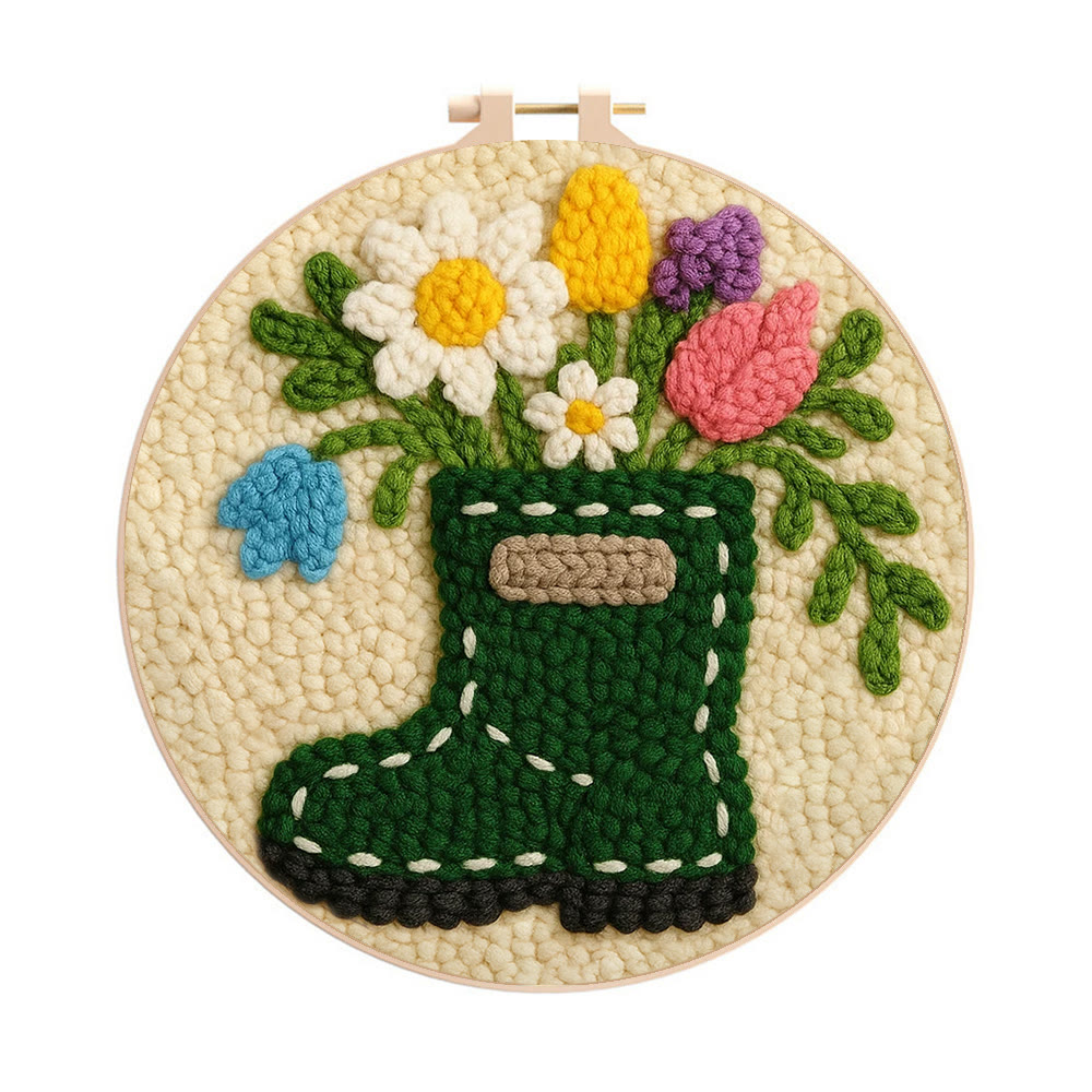Colorful Garden Boot Floral Punch Needle Kit – Delicate Novice-ready Handcraft | Cozy Indoor Home Accent Piece - 8 inch Hoop Kit - image 1