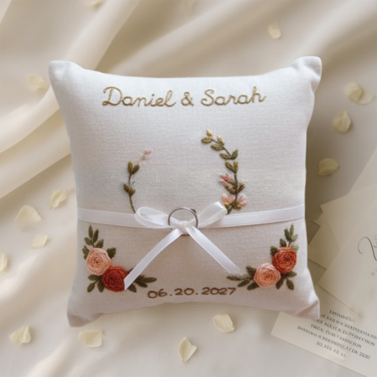 Rubbyoo Personalized Ring Bearer Pillow Embroidery Kit - Dual Rose Sprig Ribbon | New Crafter-friendly | Anniversary Gifts - 6 inches hoop kit - image 1