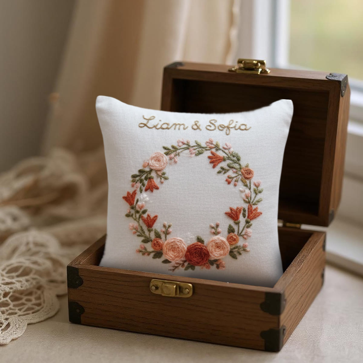 Rubbyoo Personalized Ring Bearer Pillow Embroidery Kit - Peach Coral Floral Wreath | Top Gifting Choice | Memorable Keepsake Decor - image 2