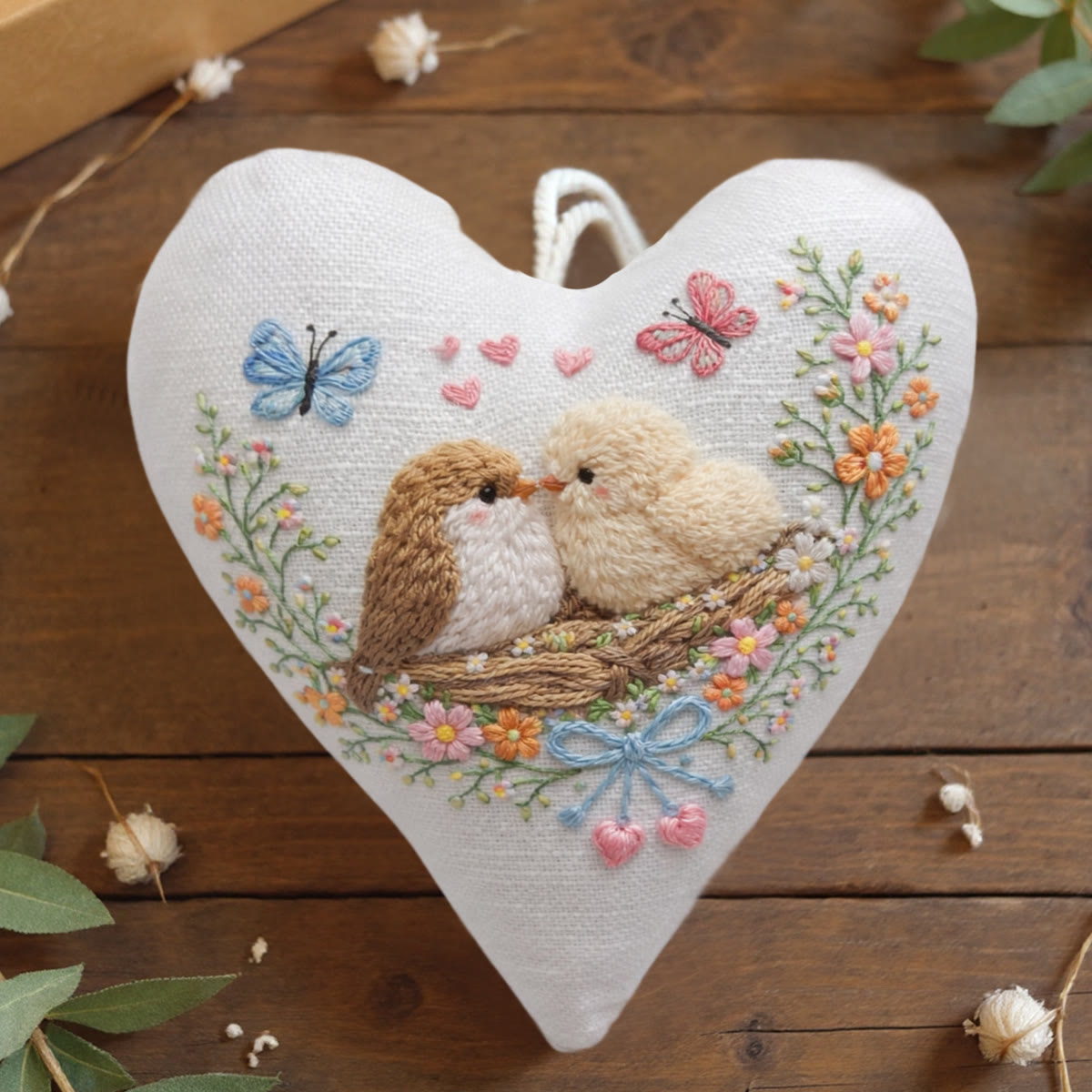 Rubbyoo Heart Embroidery Kit - Nest Birds Butterflies Floral | Elegant Decorative Pendant | Beginner-easy Diy Embroidery - 6 inches hoop kit - image 1