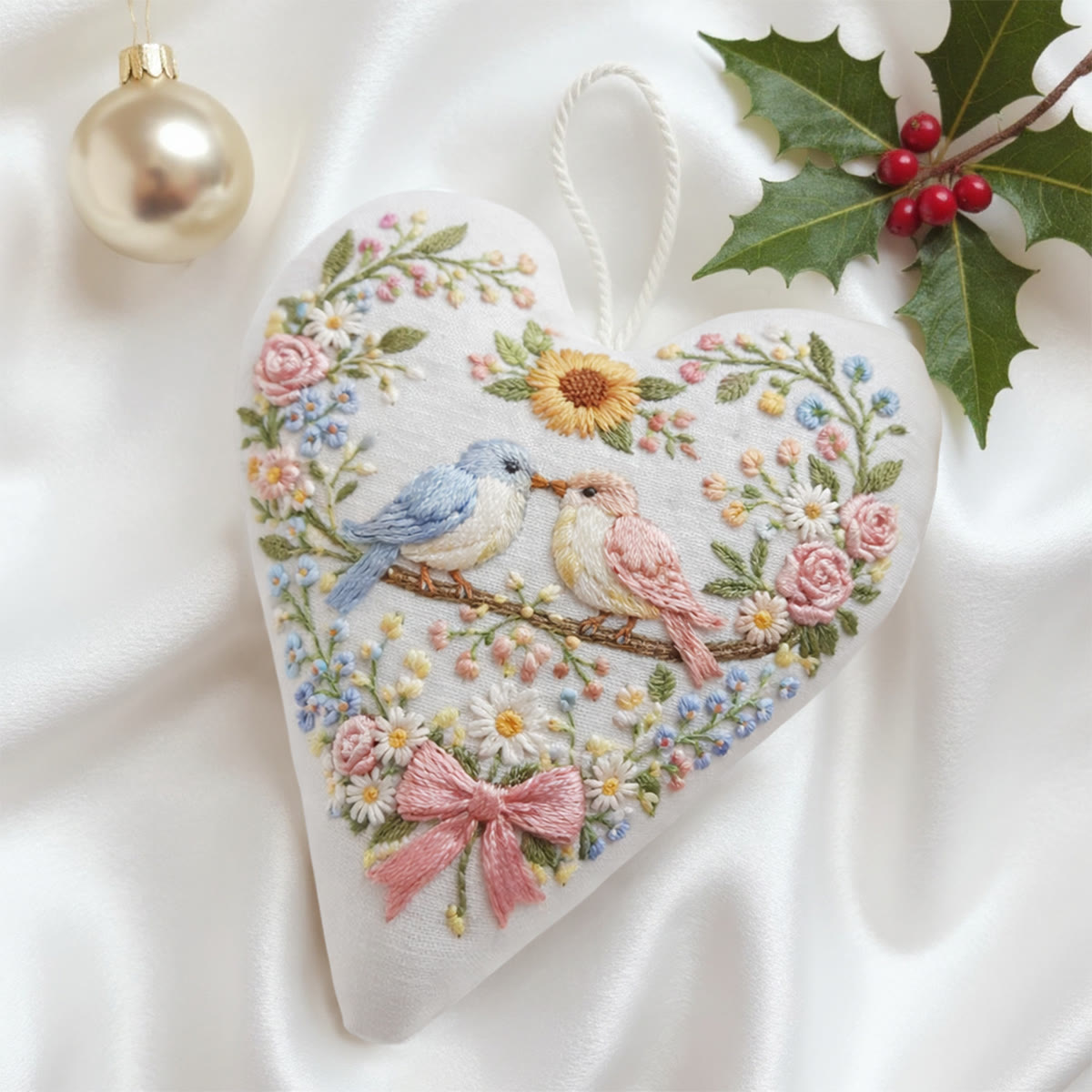 Rubbyoo Heart Embroidery Kit - Two Birds Sunflower Floral | Delightful Decor Pendant | Newcomer-simple Diy Stitch - image 4