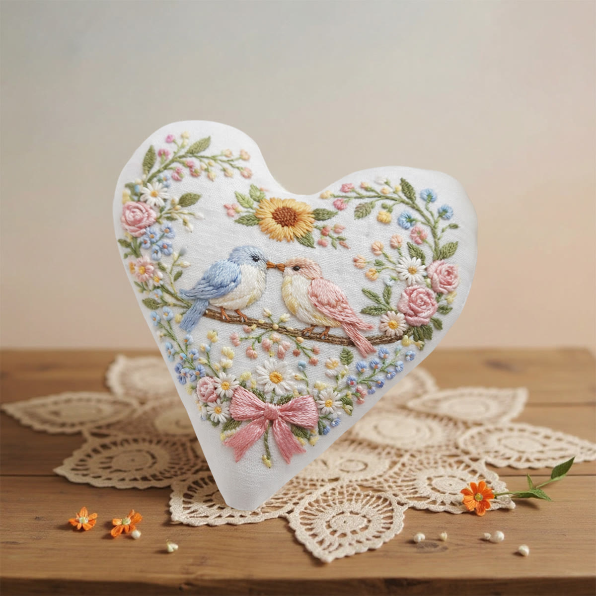 Rubbyoo Heart Embroidery Kit - Two Birds Sunflower Floral | Delightful Decor Pendant | Newcomer-simple Diy Stitch - image 3