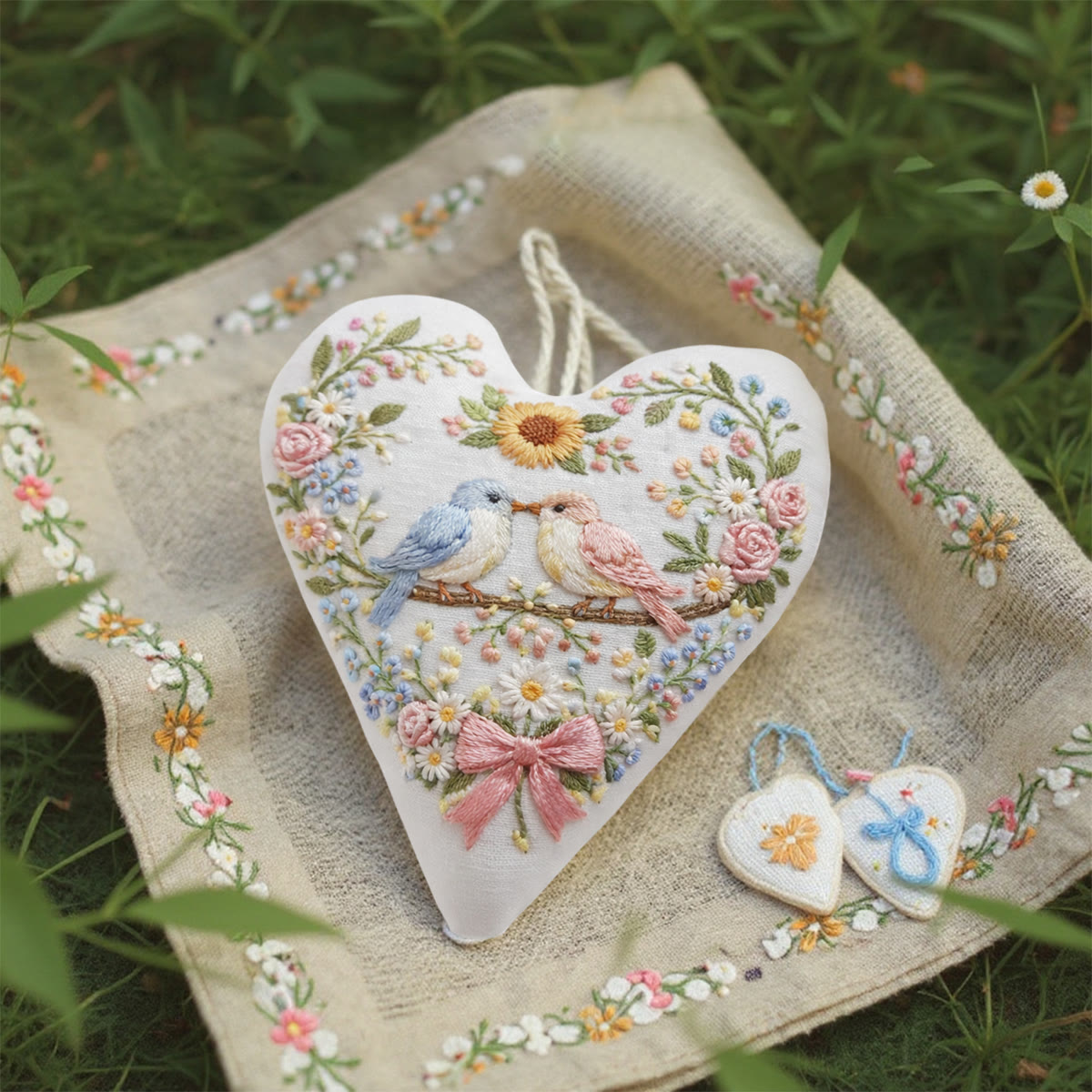 Rubbyoo Heart Embroidery Kit - Two Birds Sunflower Floral | Delightful Decor Pendant | Newcomer-simple Diy Stitch - image 2