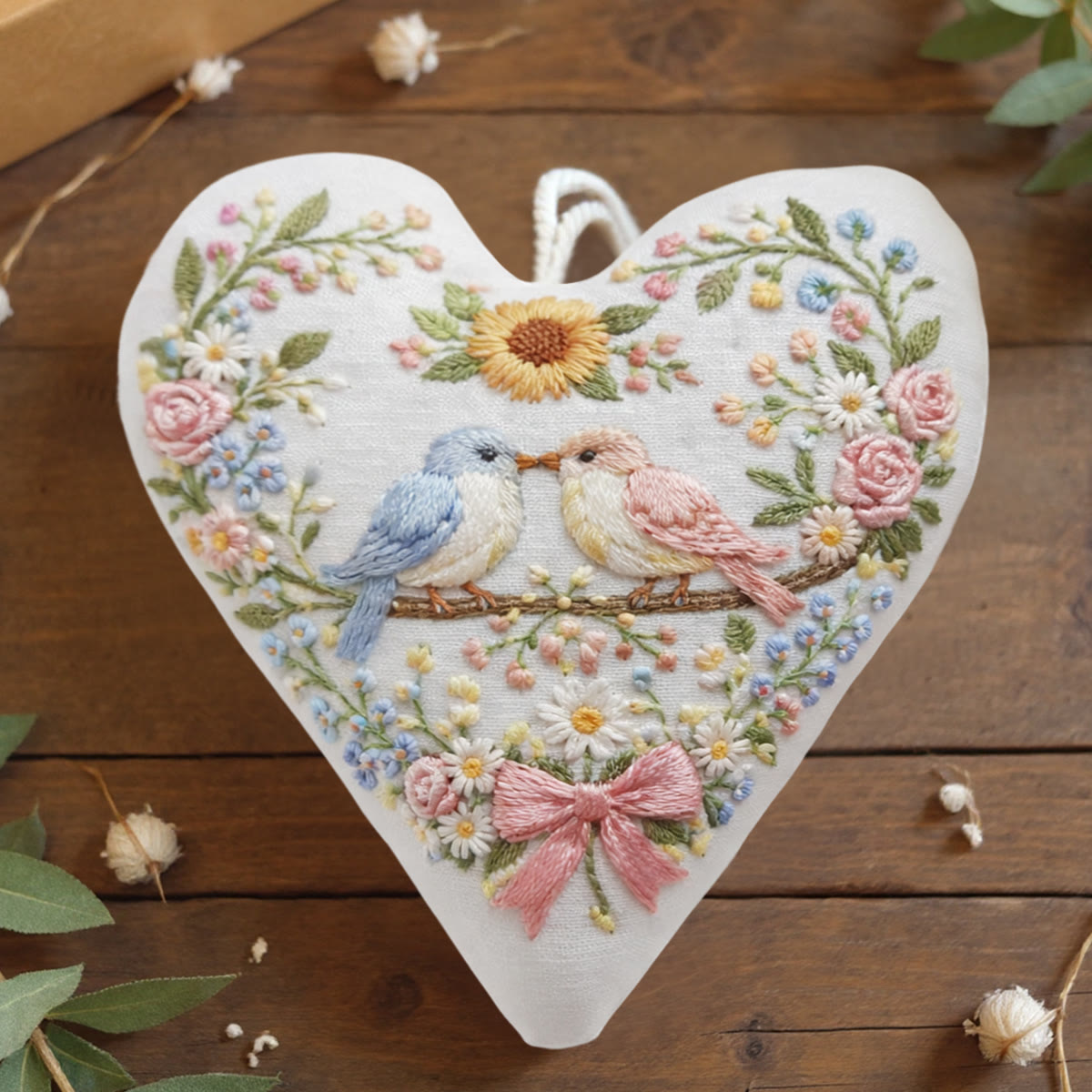 Rubbyoo Heart Embroidery Kit - Two Birds Sunflower Floral | Delightful Decor Pendant | Newcomer-simple Diy Stitch - 6 inches hoop kit - image 1