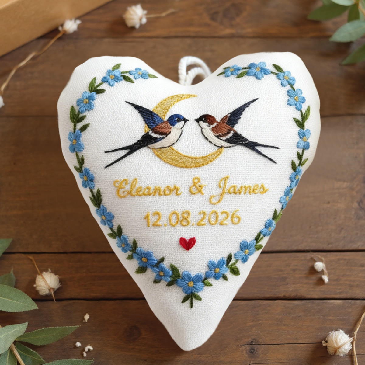 Rubbyoo Heart Embroidery Kit - Swallows Moon Blue Floral Wreath | Bespoke Handcrafted Work | Anniversary Prime Choice - 6 inches hoop kit - image 1