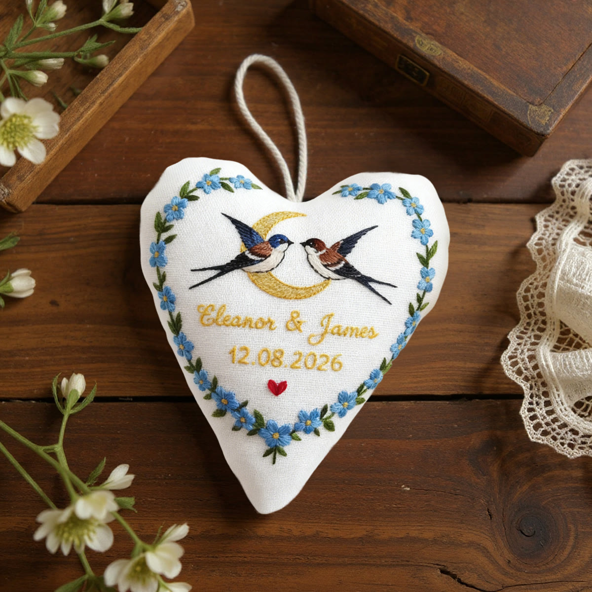 Rubbyoo Heart Embroidery Kit - Swallows Moon Blue Floral Wreath | Bespoke Handcrafted Work | Anniversary Prime Choice - image 8