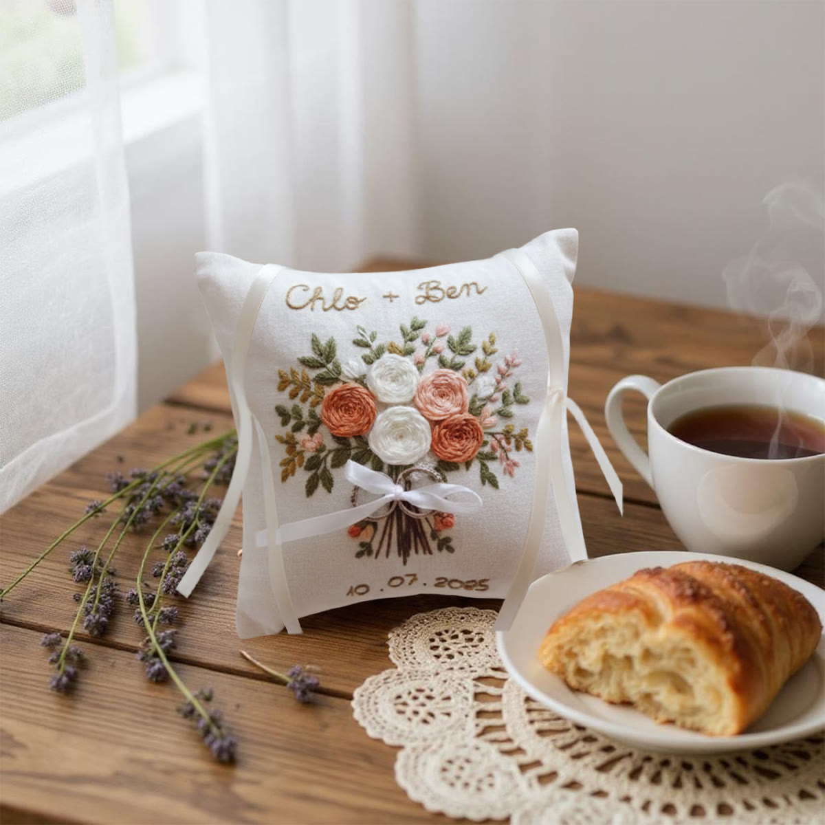 Rubbyoo Personalized Ring Bearer Pillow Embroidery Kit - White Peach Rose Bouquet | Wedding  Gift| Beginner-Friendly - image 2