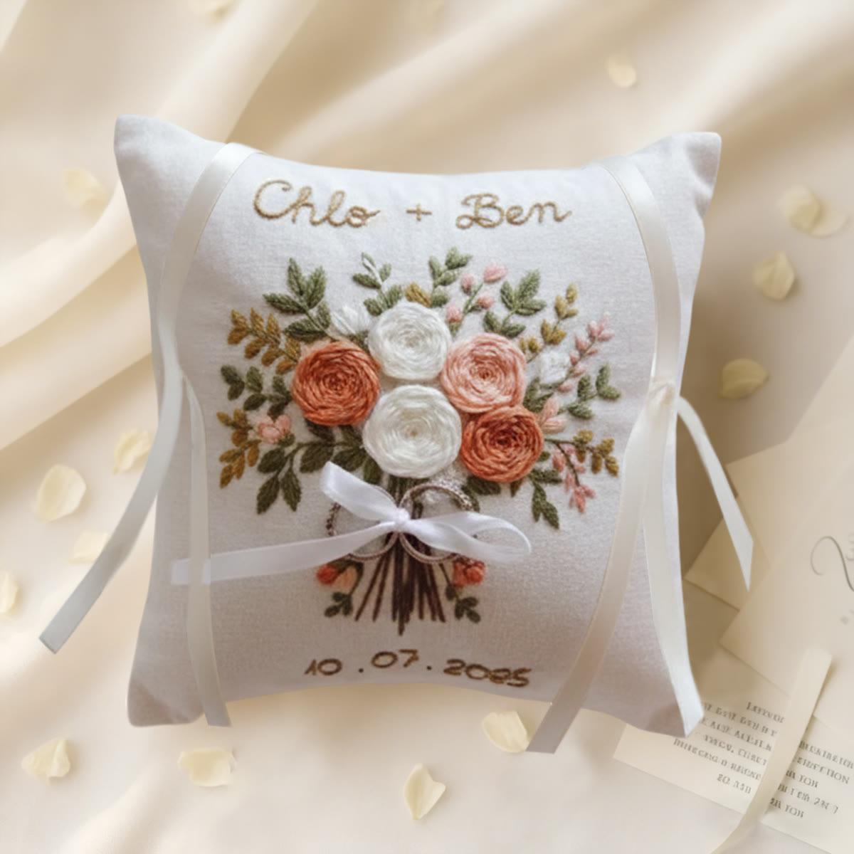 Rubbyoo Personalized Ring Bearer Pillow Embroidery Kit - White Peach Rose Bouquet | Wedding  Gift| Beginner-Friendly - 6 inches hoop kit - image 1