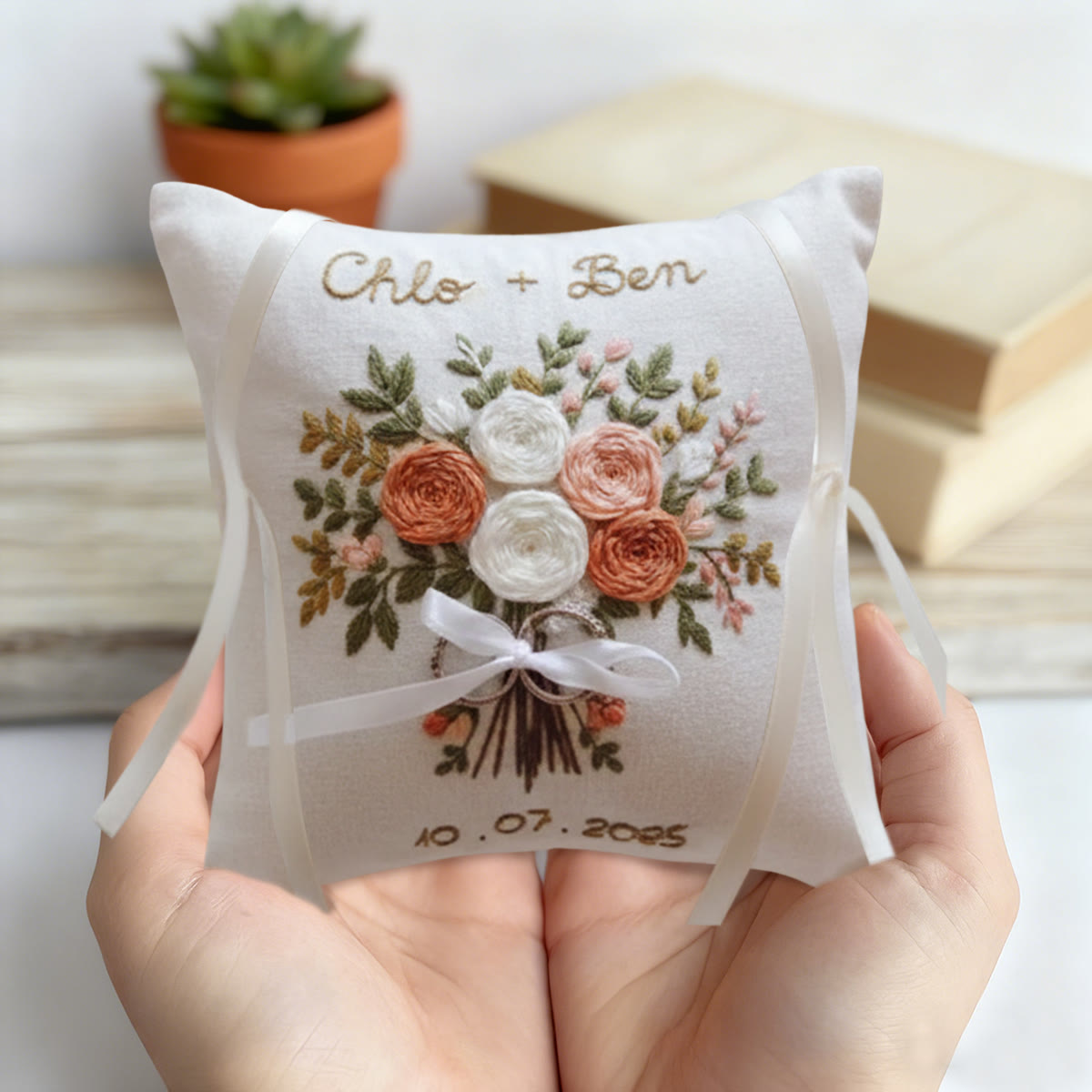 Rubbyoo Personalized Ring Bearer Pillow Embroidery Kit - White Peach Rose Bouquet | Wedding  Gift| Beginner-Friendly - image 10