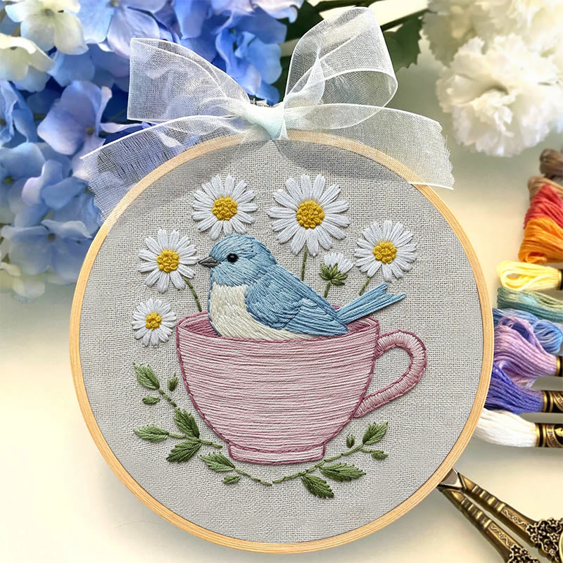 Rubbyoo Embroidery Kit - Floral Bird Cup | Handmade Stitch Art | Unique Home Collection - image 2