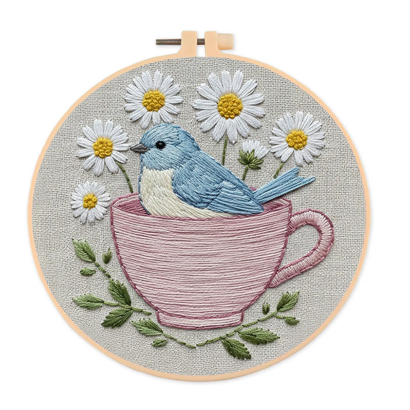 Rubbyoo Embroidery Kit - Floral Bird Cup | Handmade Stitch Art | Unique Home Collection - 20*20cm - image 1