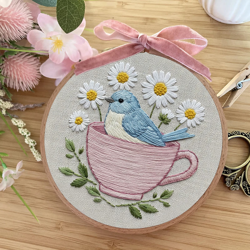 Rubbyoo Embroidery Kit - Floral Bird Cup | Handmade Stitch Art | Unique Home Collection - image 5