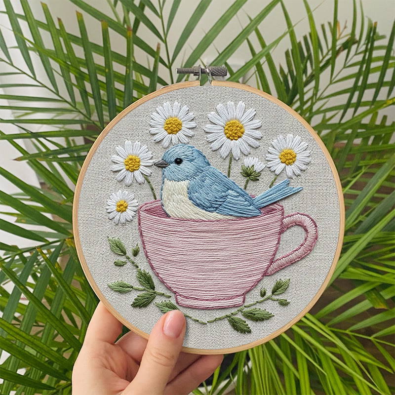 Rubbyoo Embroidery Kit - Floral Bird Cup | Handmade Stitch Art | Unique Home Collection - image 4